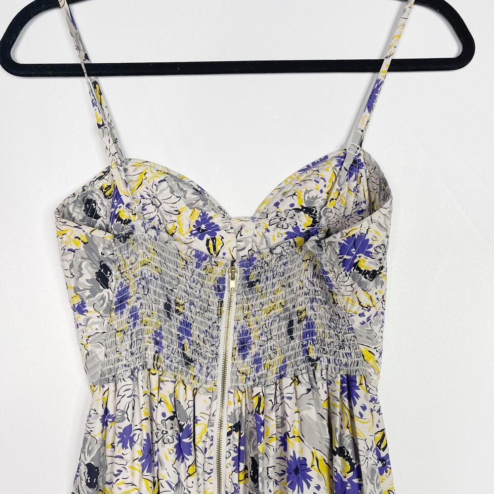 Parker Small S Gray Purple Yellow Silk Floral Dress Sweetheart Neckline Zip Back - Picture 7 of 12